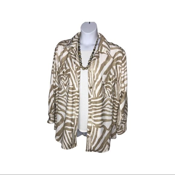 DG2 Diane Gilman PLUS SIZE Tan White Blouse Shirt Jacket Size 2X - Picture 1 of 7
